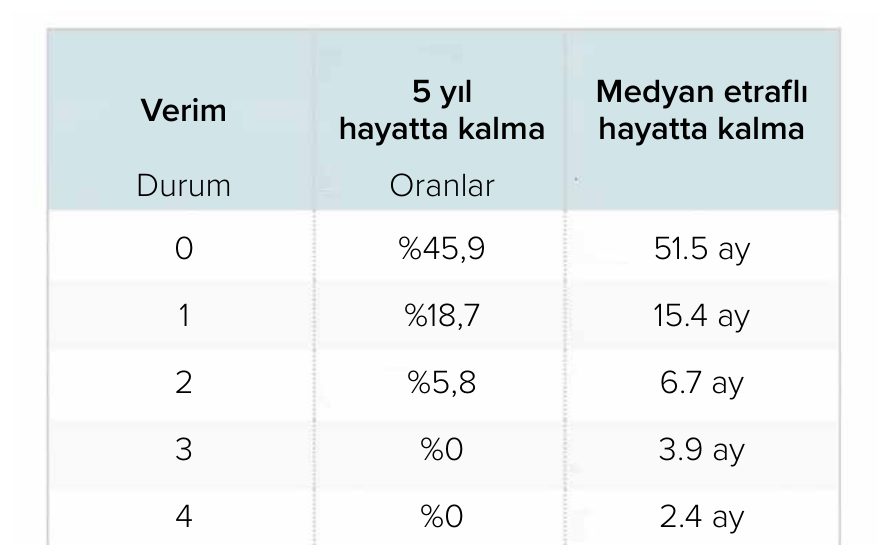 Performans durumuna göre 5 yıllık hayatta kalma ve medyan hayatta kalma süresi