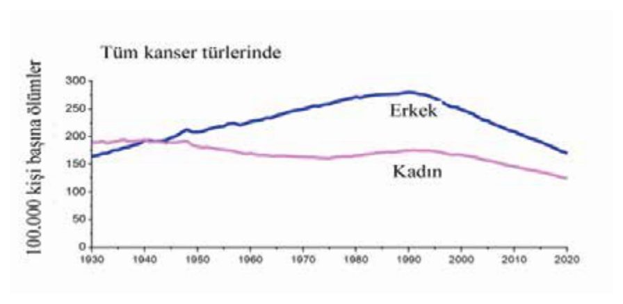 Tüm kanser türlerinde yıllara göre kadın ve erkeklerde ölüm oranları